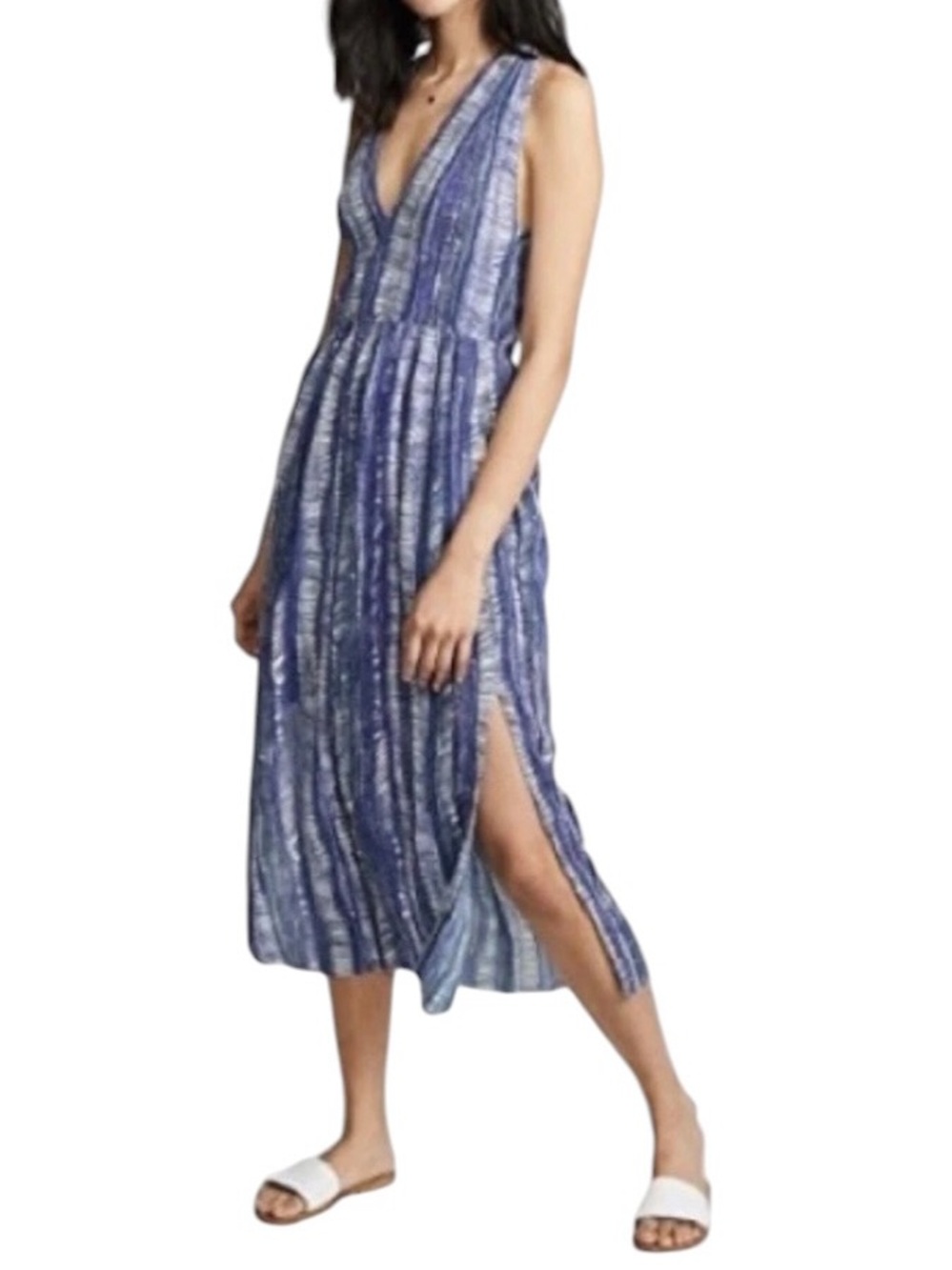 Raquel Allegra Blue Cotton Linen Midi Tank Dress Size 3 = Large